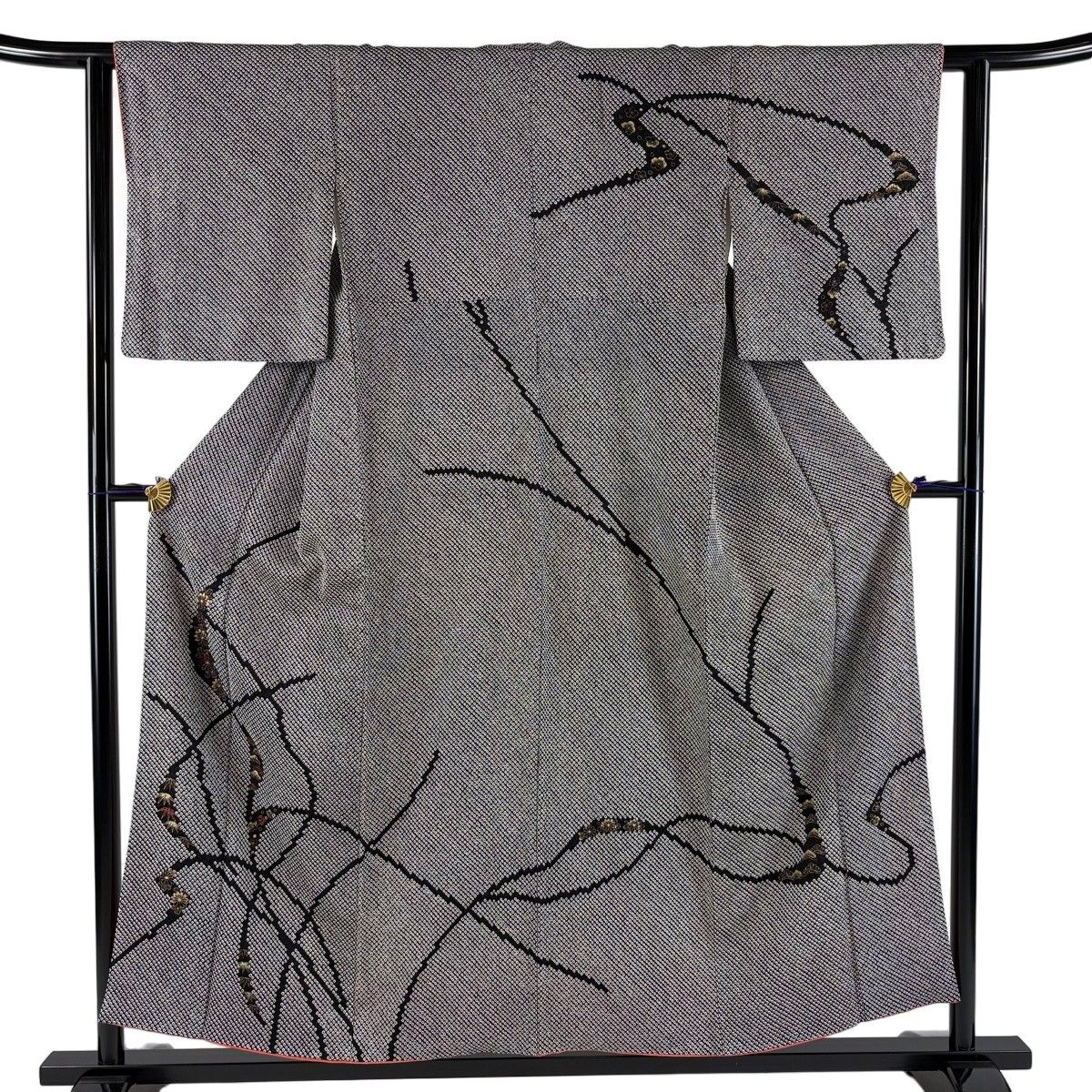 【美品】 訪問着 身丈154cm 裄丈61cm S 袷 菊 松竹梅 金彩 絞り 黒 正絹 秀品 【中古】
