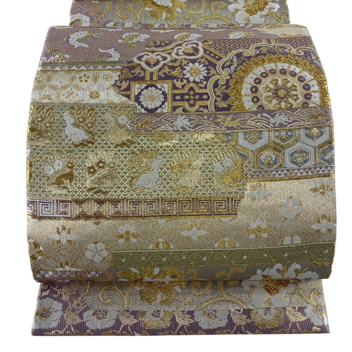【美品】 袋帯 秀品 落款 鈴乃屋 草花 花兎 金糸 箔箔 金茶 六通 正絹 【中古】