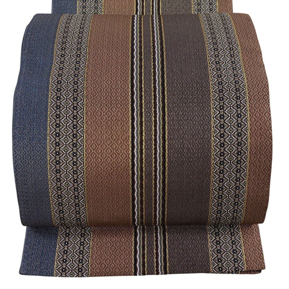【美品】 袋帯 秀品 縞 幾何学模様 金糸 茶紫 全通 正絹 【中古】
