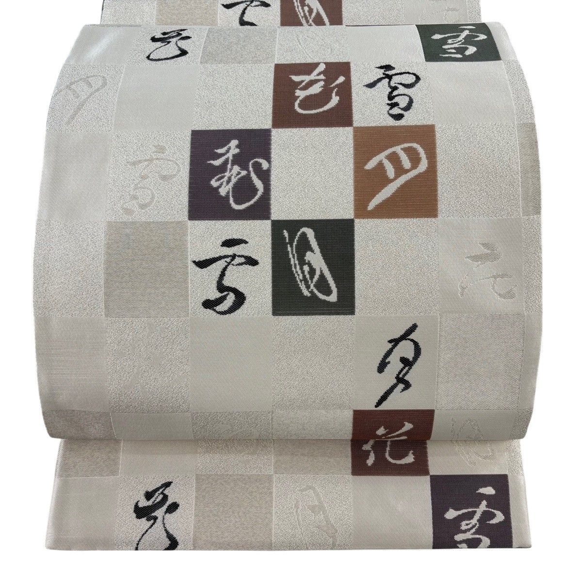 【美品】 袋帯 秀品 雪月花 市松 銀糸 クリーム 六通 正絹 【中古】