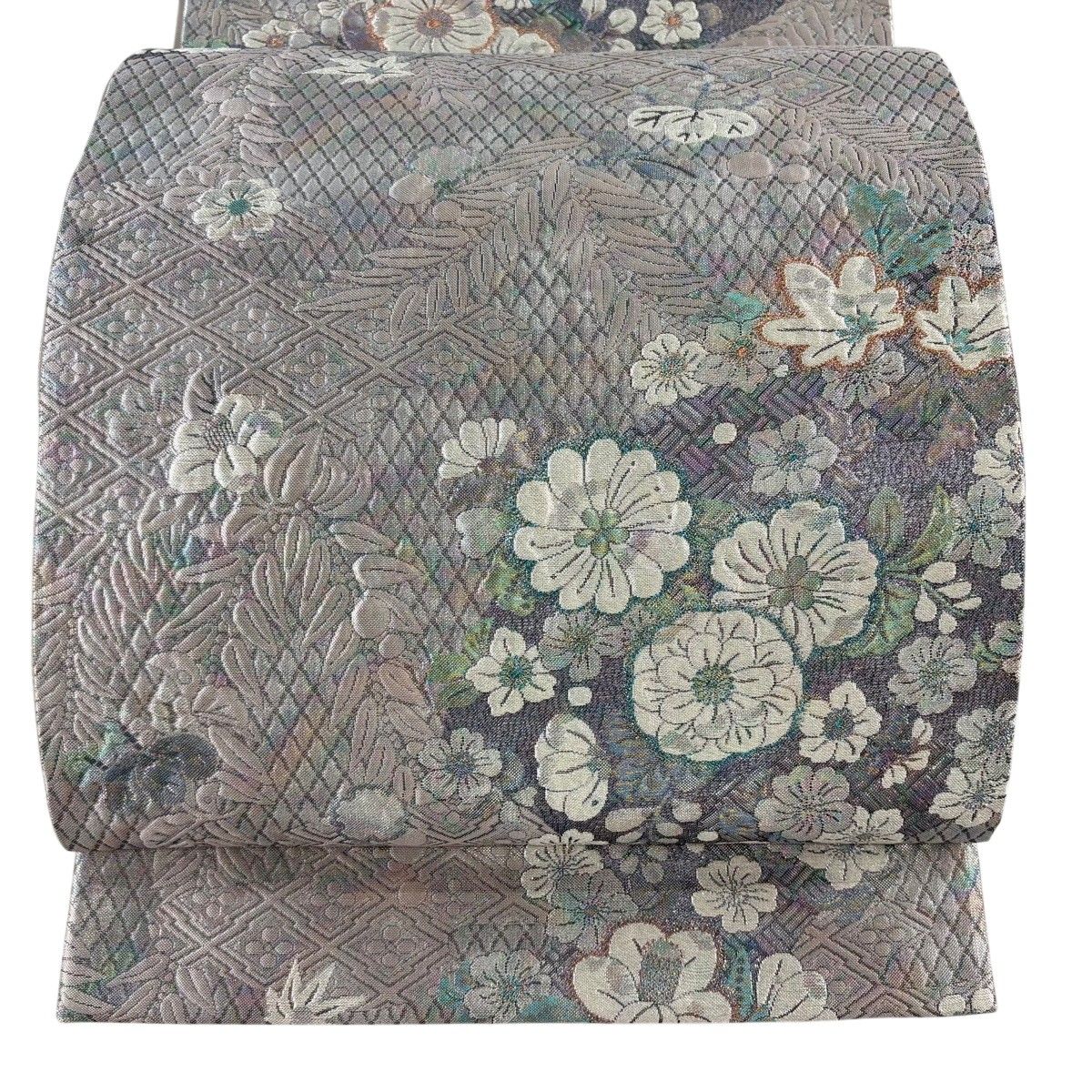 【美品】 袋帯 秀品 草花 松皮菱 銀糸 灰紫 六通 正絹 【中古】