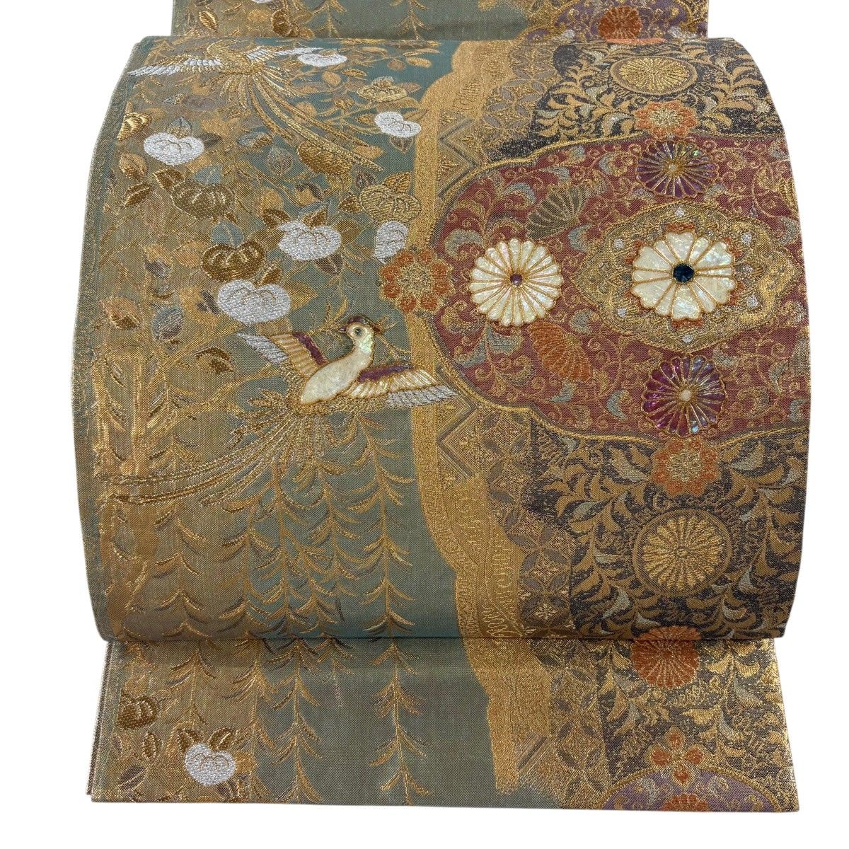 【美品】 袋帯 秀品 草花 花鳥 金糸 箔 灰緑 お太鼓柄 正絹 【中古】
