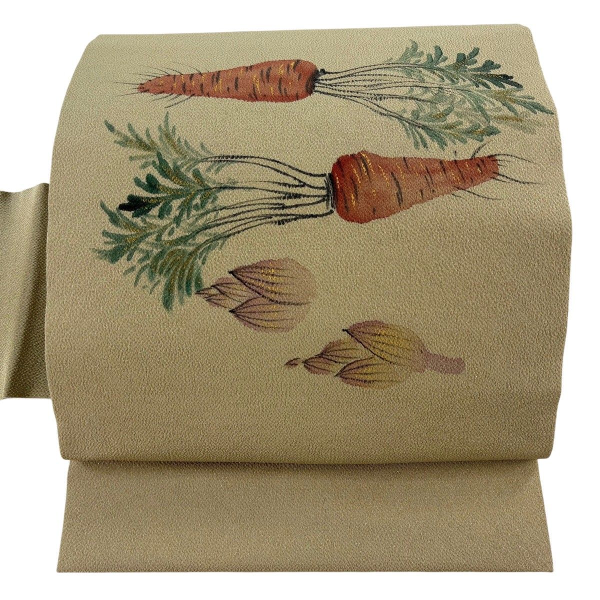 【美品】 名古屋帯 秀品 人参 金彩 縮緬 抹茶色 正絹 【中古】