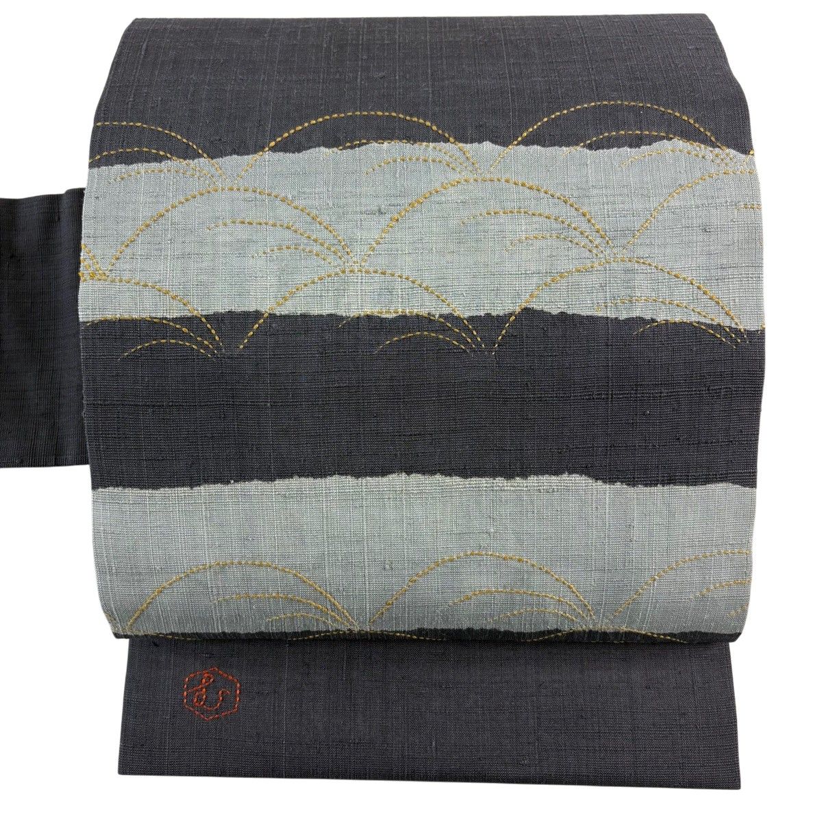 名古屋帯 秀品 落款 紬地 芝 段縞 刺し子 灰紫 正絹 【中古】