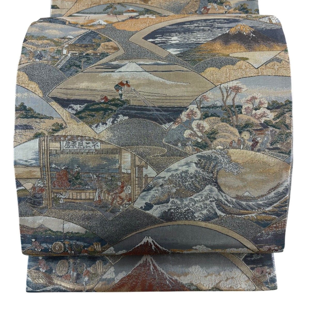 【美品】 袋帯 秀品 扇面 風景 金糸 箔 銀色 お太鼓柄 正絹 【中古】