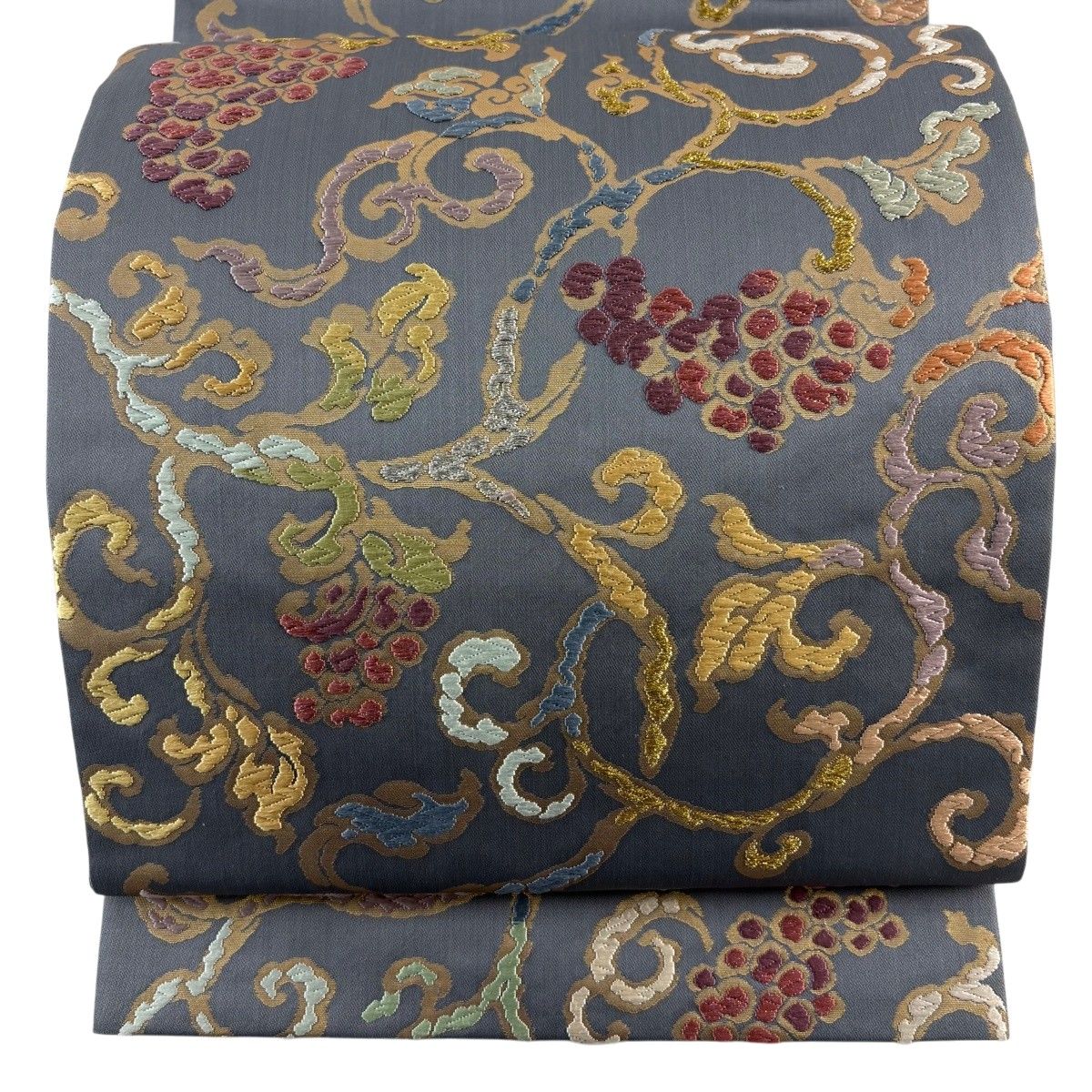【美品】 袋帯 秀品 葡萄唐草 金銀糸 灰色 六通 正絹 【中古】
