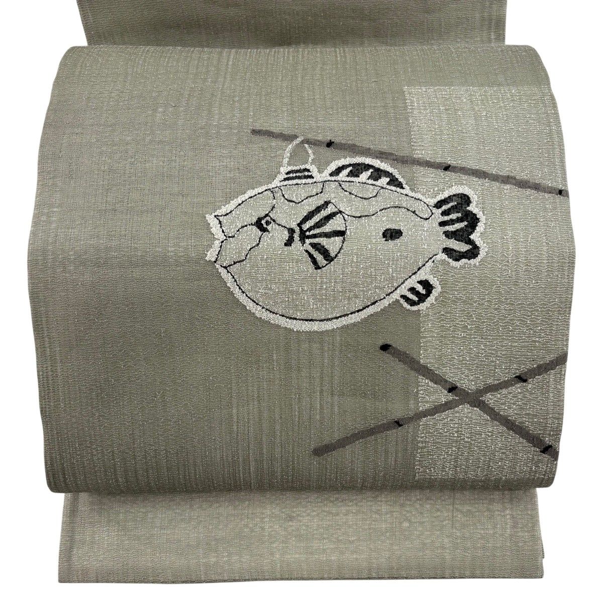 袋帯 秀品 夏帯 魚 灰緑 お太鼓柄 正絹 【中古】