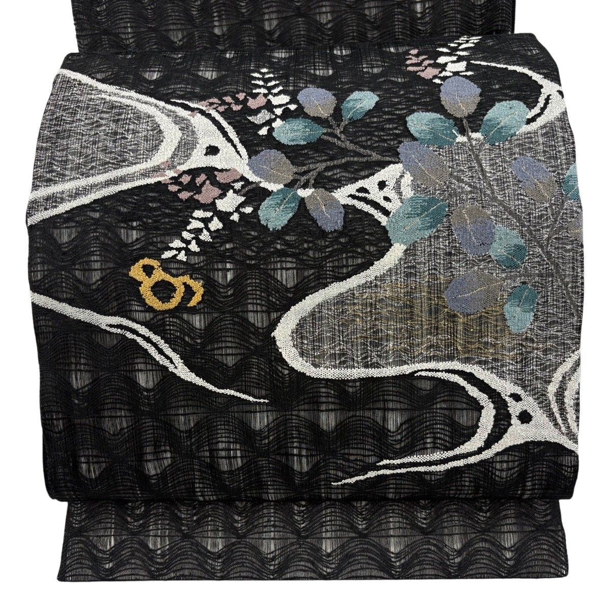 【美品】 袋帯 秀品 夏帯 萩 流水 金糸 黒 お太鼓柄 正絹 【中古】