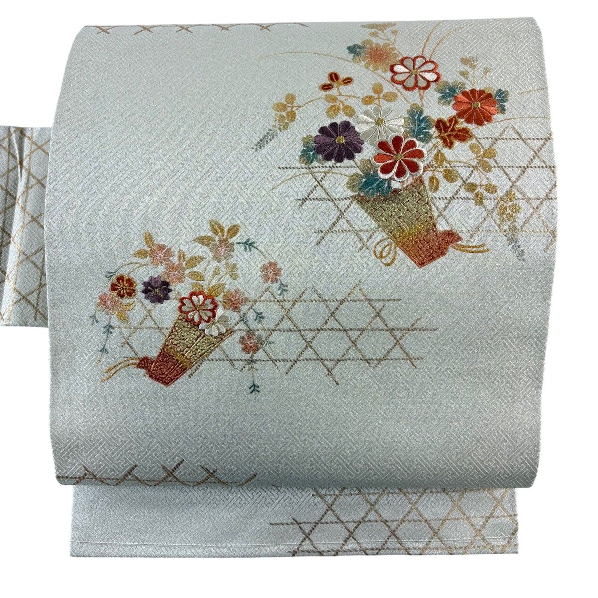 【美品】 名古屋帯 秀品 花熨斗 籠目 刺繍 金糸 灰白 正絹 【中古】