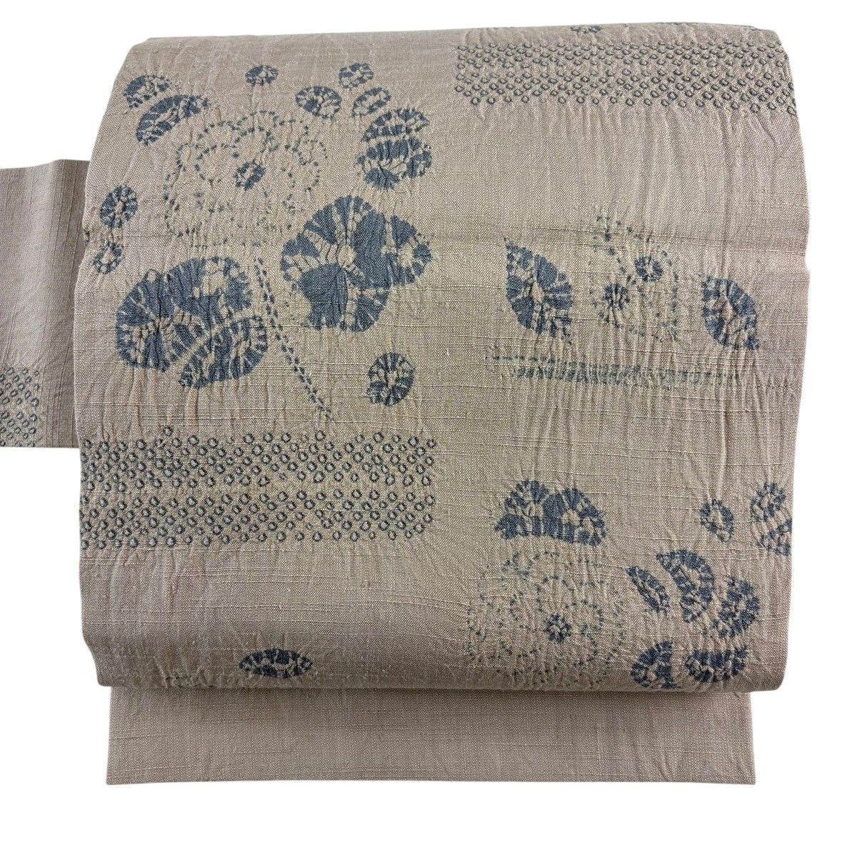 名古屋帯 秀品 紬地 草花 絞り 灰紫 正絹 【中古】
