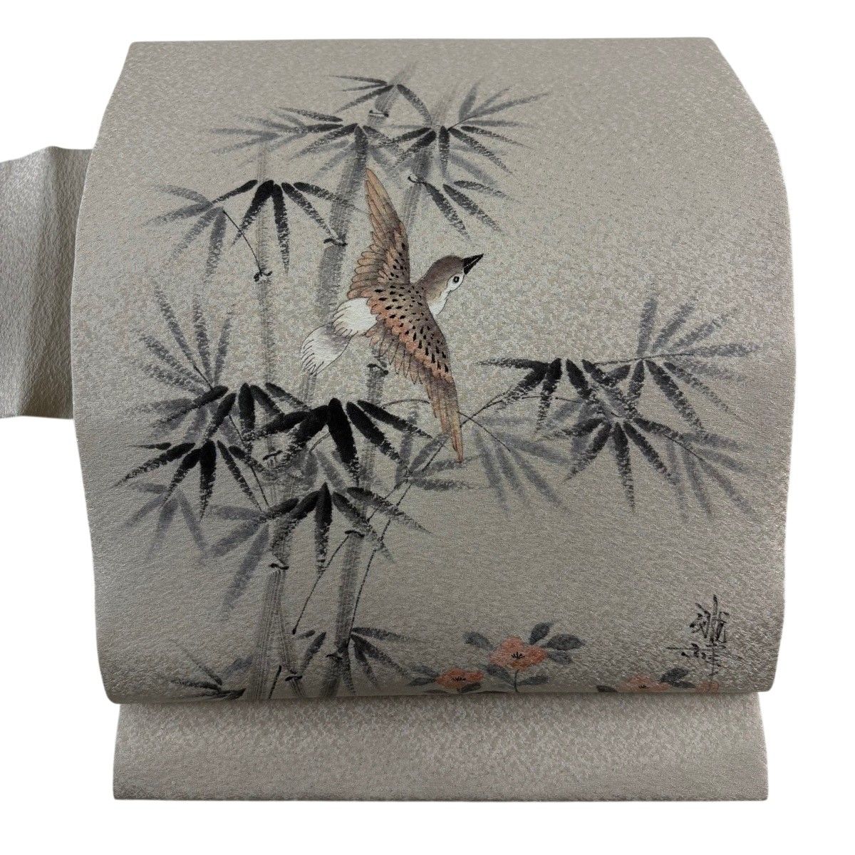 【美品】 名古屋帯 秀品 落款 雀 竹 灰茶 正絹 【中古】