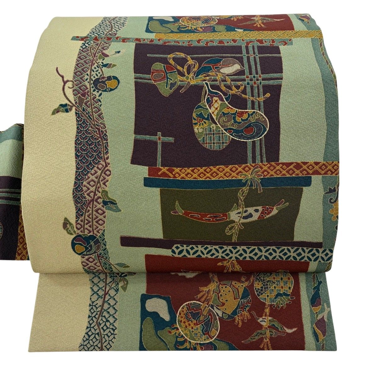 【美品】 名古屋帯 秀品 生り物 七宝 金彩 薄緑 正絹 【中古】