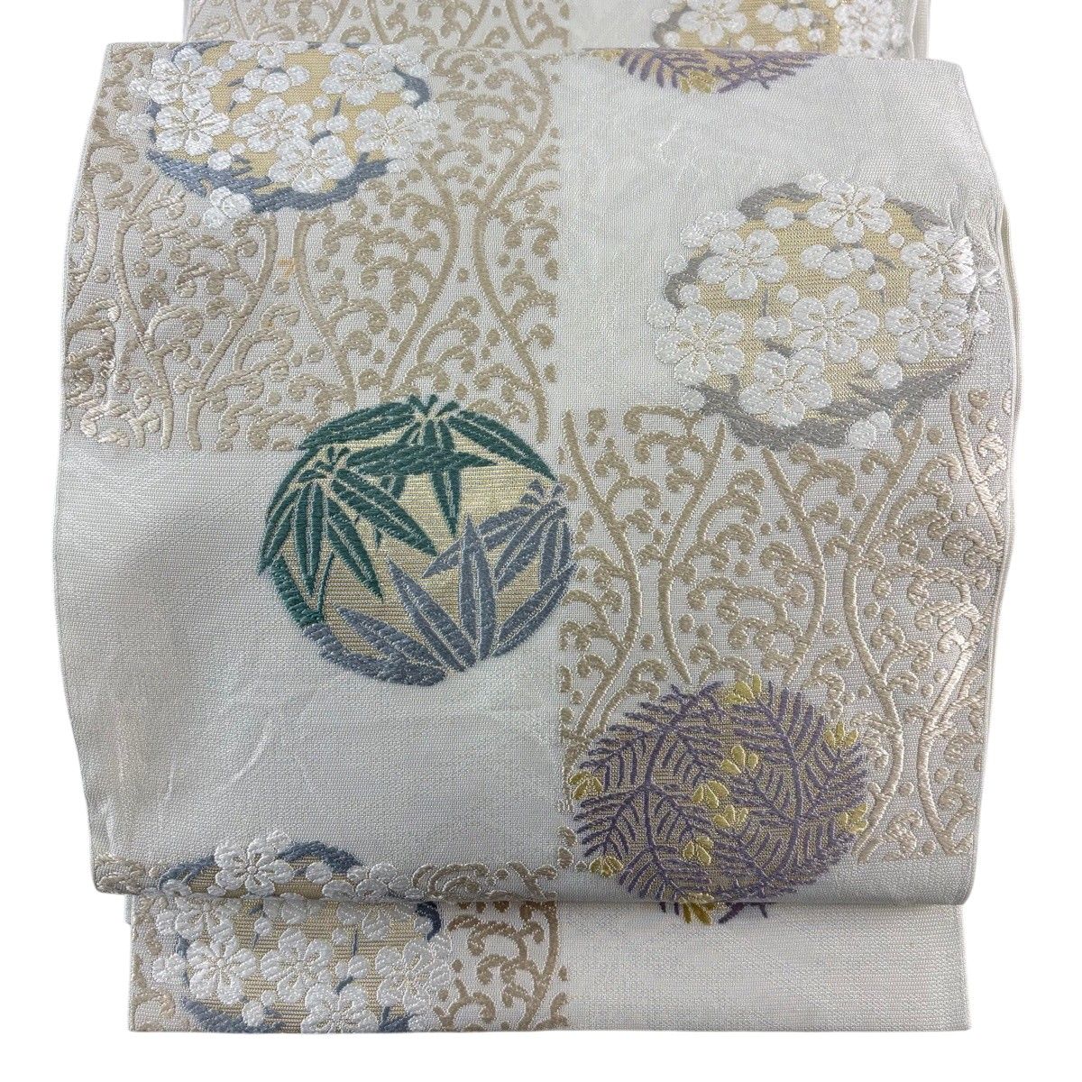 袋帯 秀品 夏帯 紗 松竹梅 波頭 箔 水色 六通 正絹 【中古】