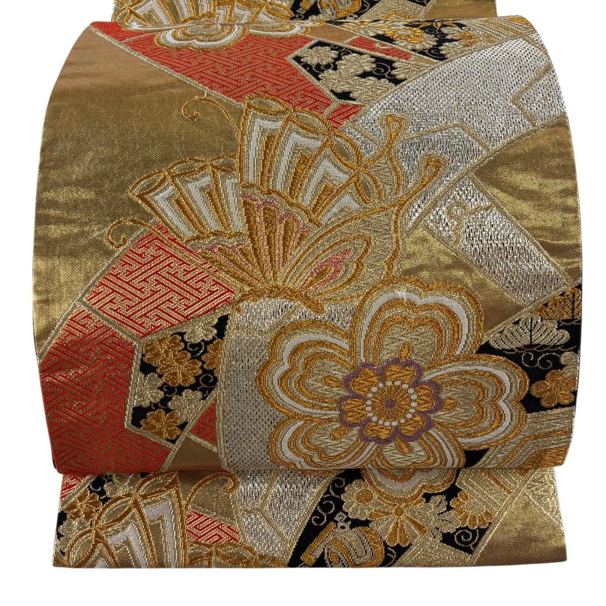 【美品】 袋帯 秀品 蝶 宝尽くし 金糸 箔 金色 六通 正絹 【中古】