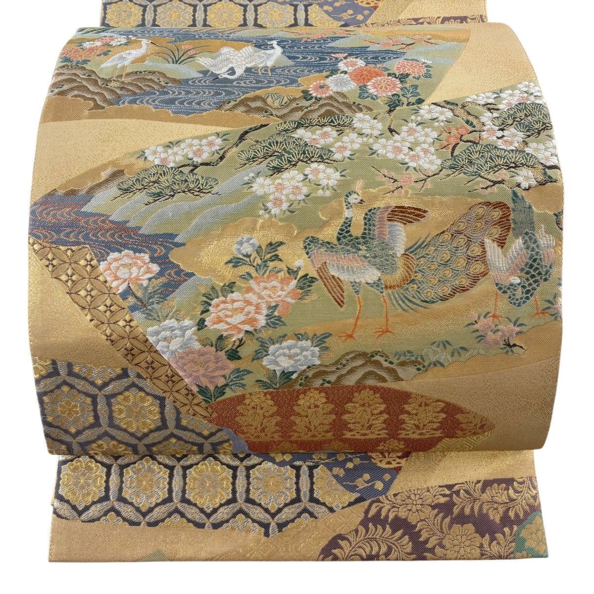 【美品】 袋帯 秀品 琳派絵巻文 花鳥 箔 金銀糸 金色 六通 正絹 【中古】