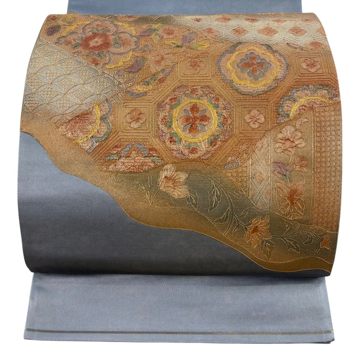 【美品】 袋帯 秀品 関西仕立て 華文 七宝 金糸 金銀彩 青灰色 お太鼓柄 正絹 【中古】