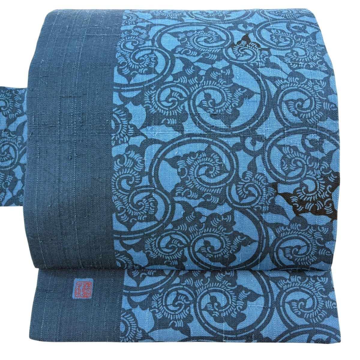 名古屋帯 秀品 落款 紬地 唐草 青 正絹 【中古】
