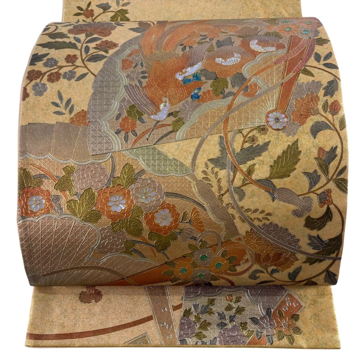 【美品】 袋帯 秀品 扇 花鳥 螺鈿 金銀彩 金色 お太鼓柄 正絹 【中古】