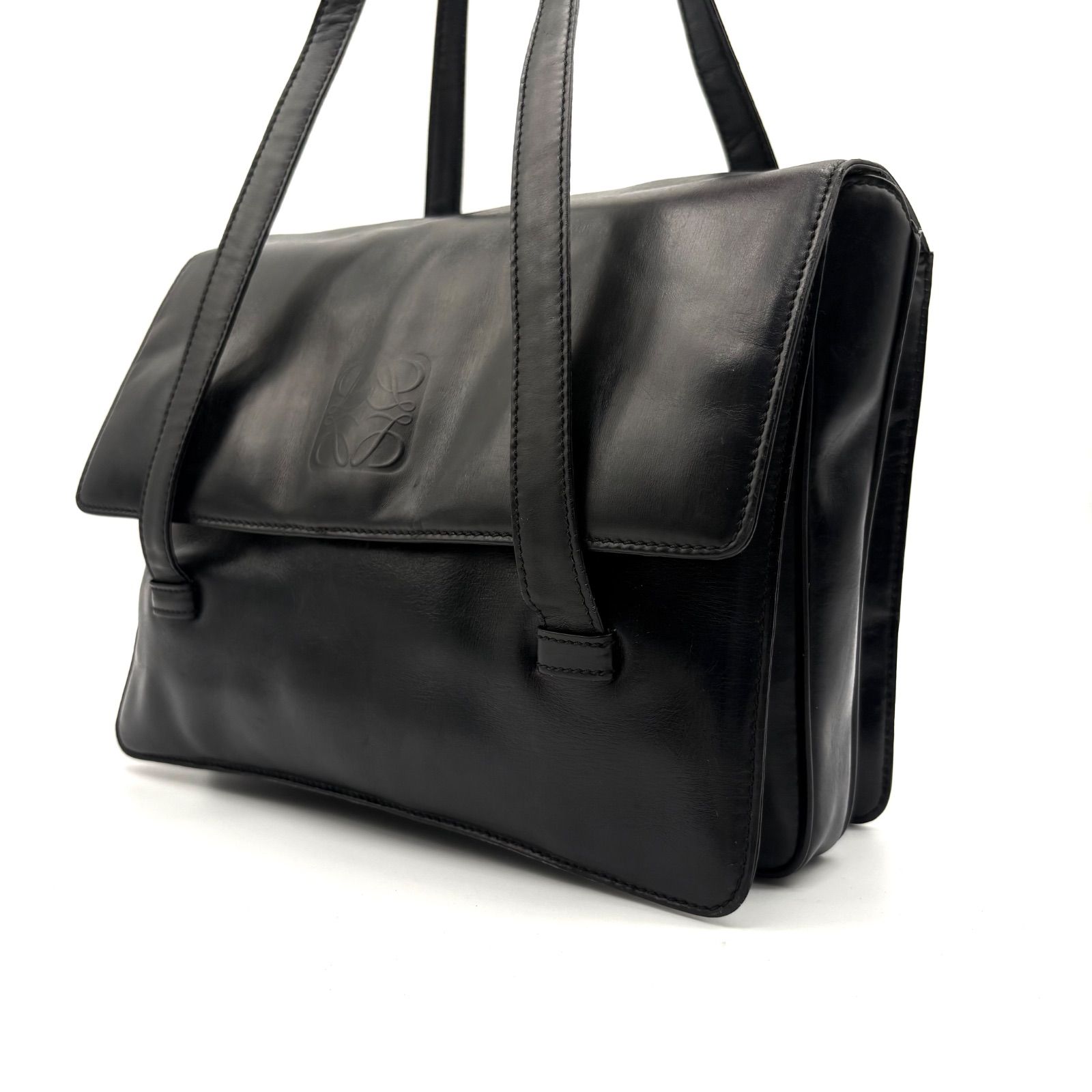 LOEWE Vintage Anagram Flap Leather Handbag Black ロエベ アナグラム レザー ハンドバッグ