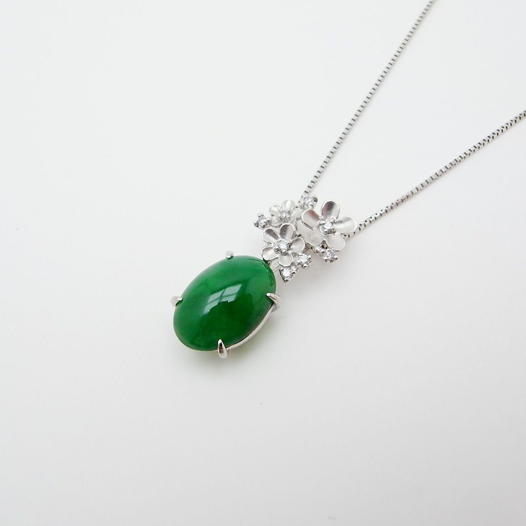 ヒスイ ダイヤモンド ペンダント ネックレス 3.892ct 0.08ct K18WG ソーティング 付き SAランク