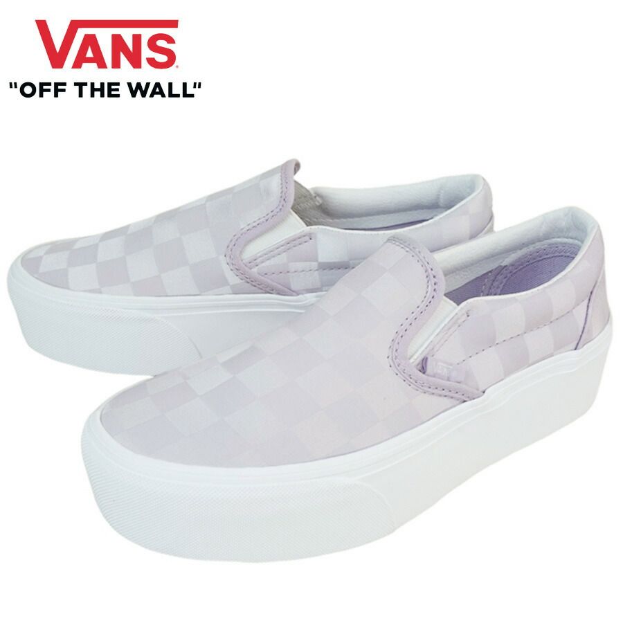 VANS スニーカーVANS ヴァンズ バンズCLASSIC SLIP ON STACKFORMスリッポン スタックフォーム 厚底STAIN CHECKERBOARD LILACサテン チェッカーボード ライラック紫 パープル 白 メンズ レディース スニーカ