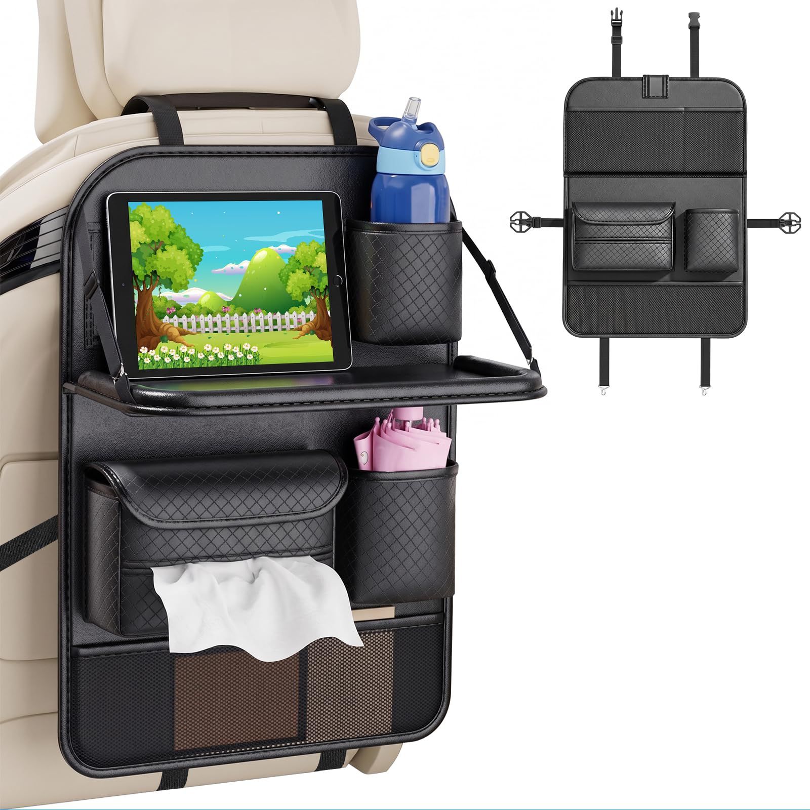 シートバックポケット【車用収納ポケット・ティッシュケース・シートバックテーブル・キックガード】後部座席 多機能車内収納 大容量 7つの収納スペース ナパピ 防水防汚 車 シートポケット ドライブポケット ドリンクホルダー 小物入れ カー用品 11a4099c