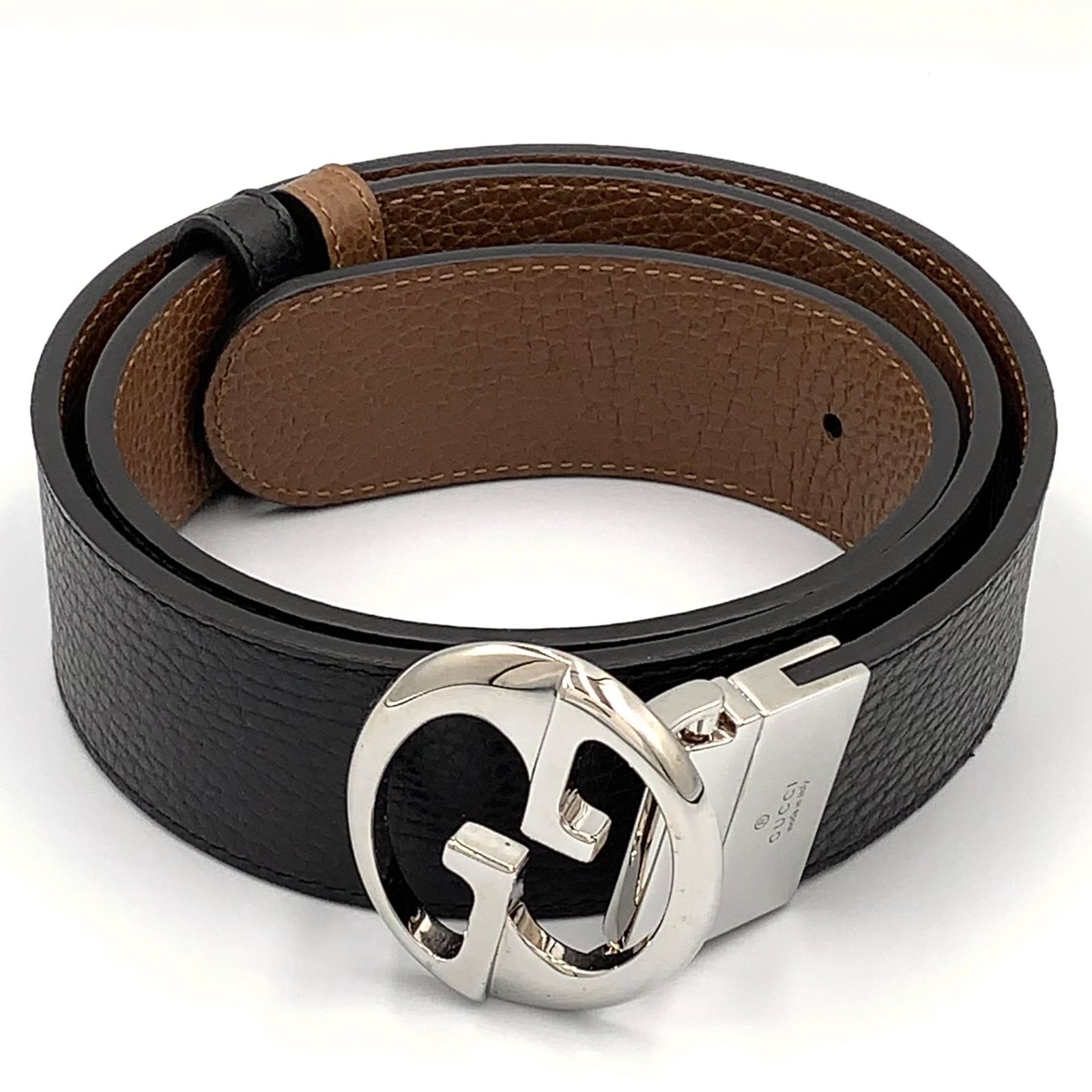 【新着】GUCCI インターロッキングG リバーシブル レザー ブラウン、ブラック ベルト シルバー 449715
