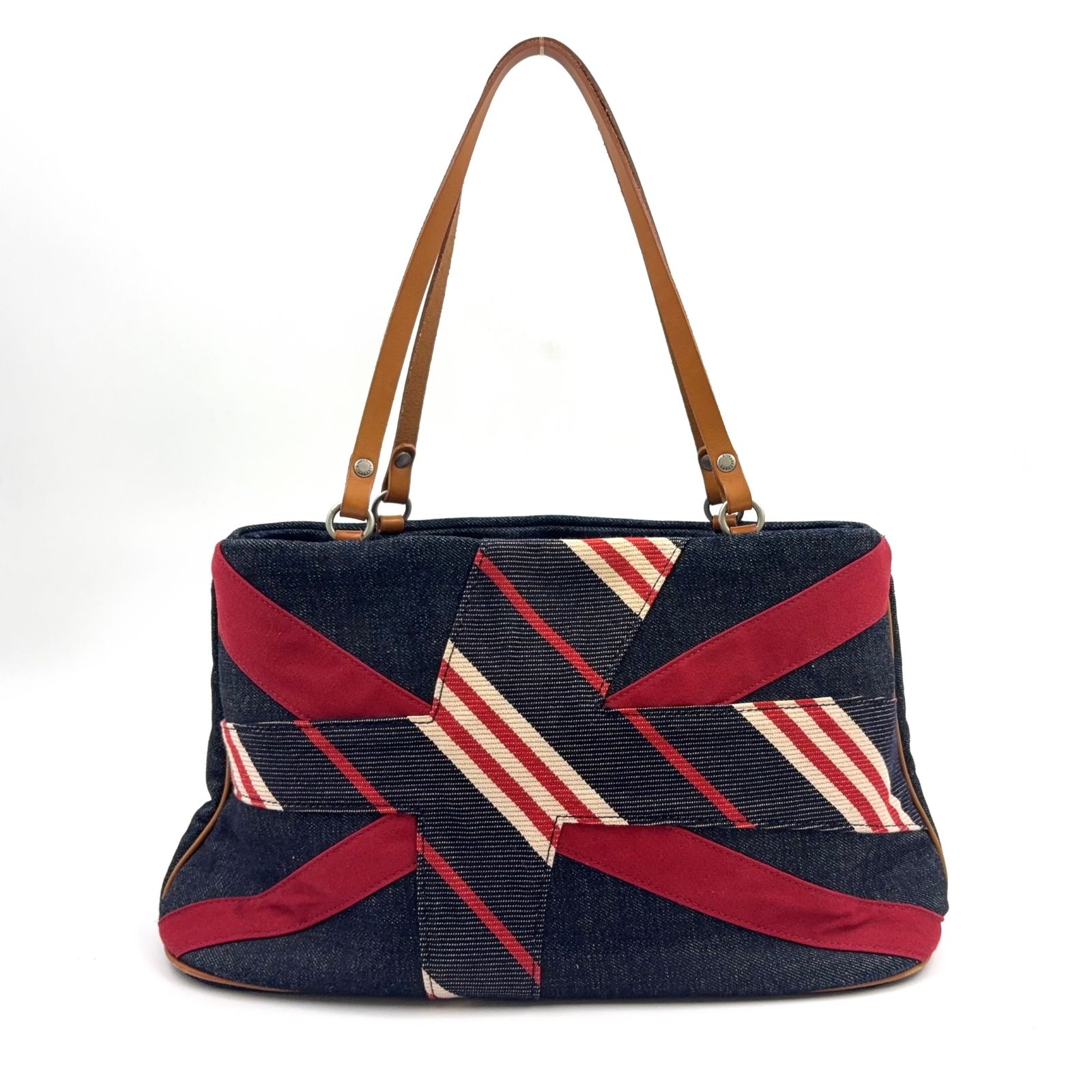 【新着】BURBERRY ユニオンジャック柄 ショルダーストラップ付属なし デニム インディゴブルー トートバッグ シルバー