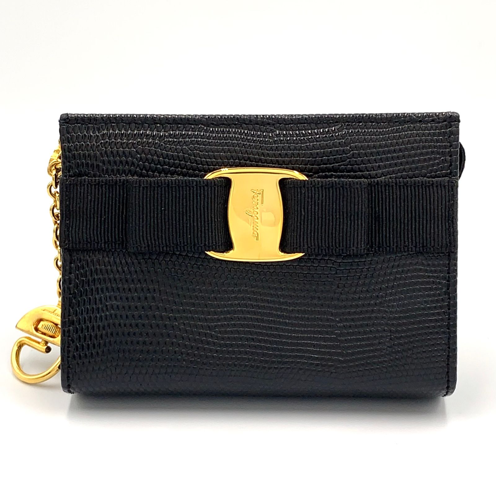 【新着】Salvatore Ferragamo ヴァラリボン レザー ブラック ポーチ ゴールド
