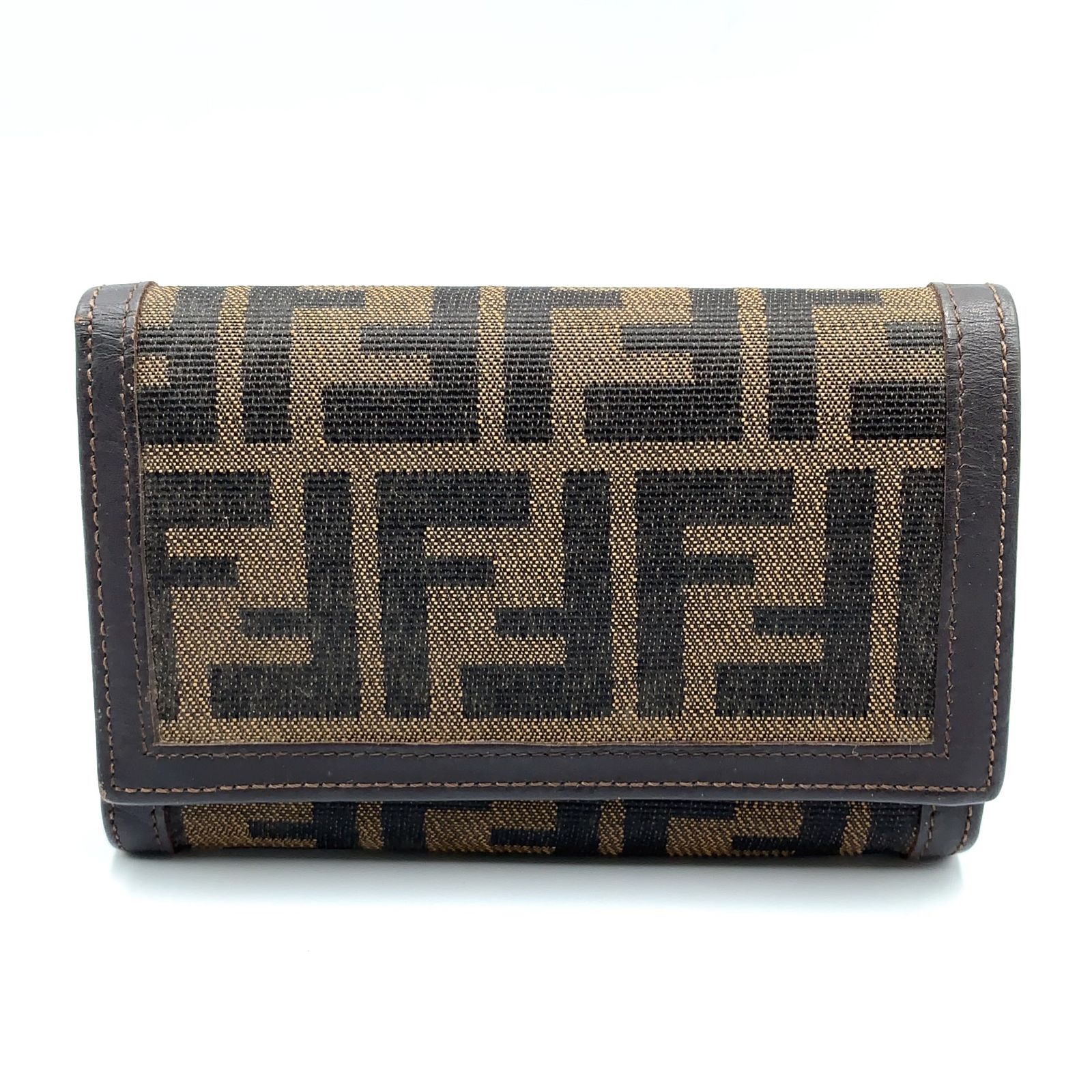 【新着】FENDI ズッカ柄 レザー、キャンバス カーキブラウン、ブラウン 二つ折り財布 シルバー