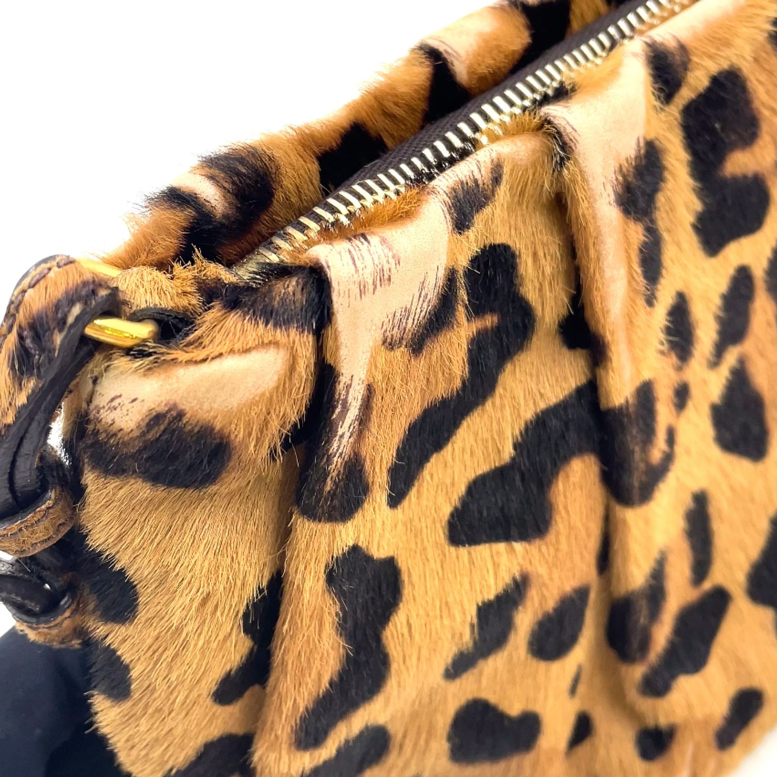 PRADA レオパード柄 ポーチ レザー、ハラコ ダークブラウン、ブラウン