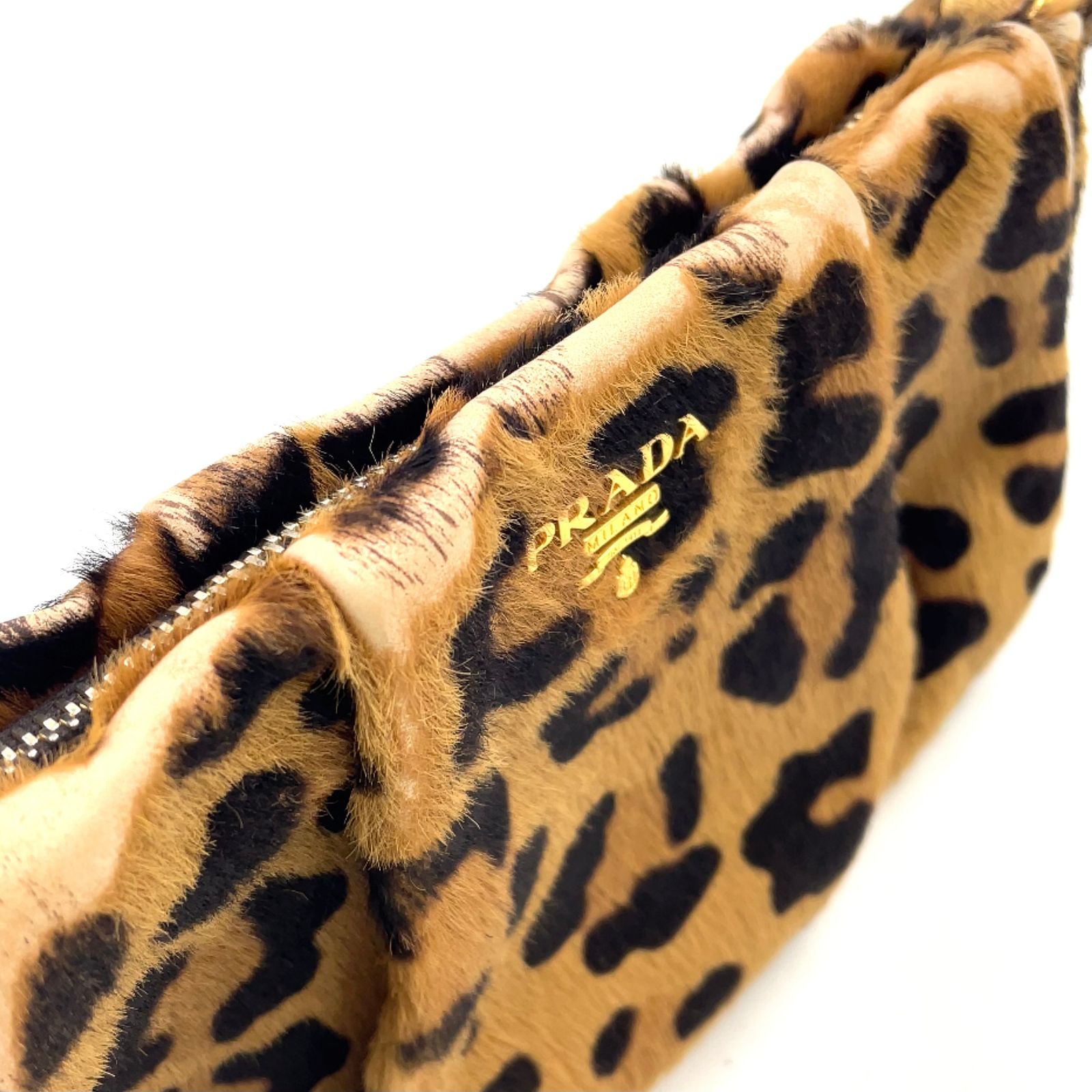 PRADA レオパード柄 ポーチ レザー、ハラコ ダークブラウン、ブラウン