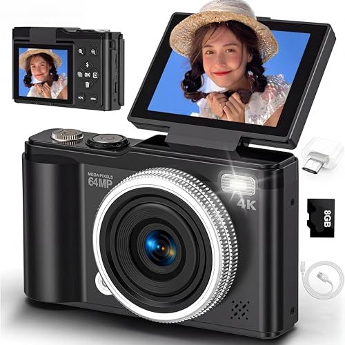 4K デジタルカメラ 6400万画素 デジカメ 180度回転可能ディスプレイ 自撮り 16倍デジタルズーム オートフォーカス機能 連続撮影 2.4インチ画面 ウェブカメラ 8GBカード付き 初心者向け 子供 クリスマス 旅行 携帯便利 コンパ 76bbe765