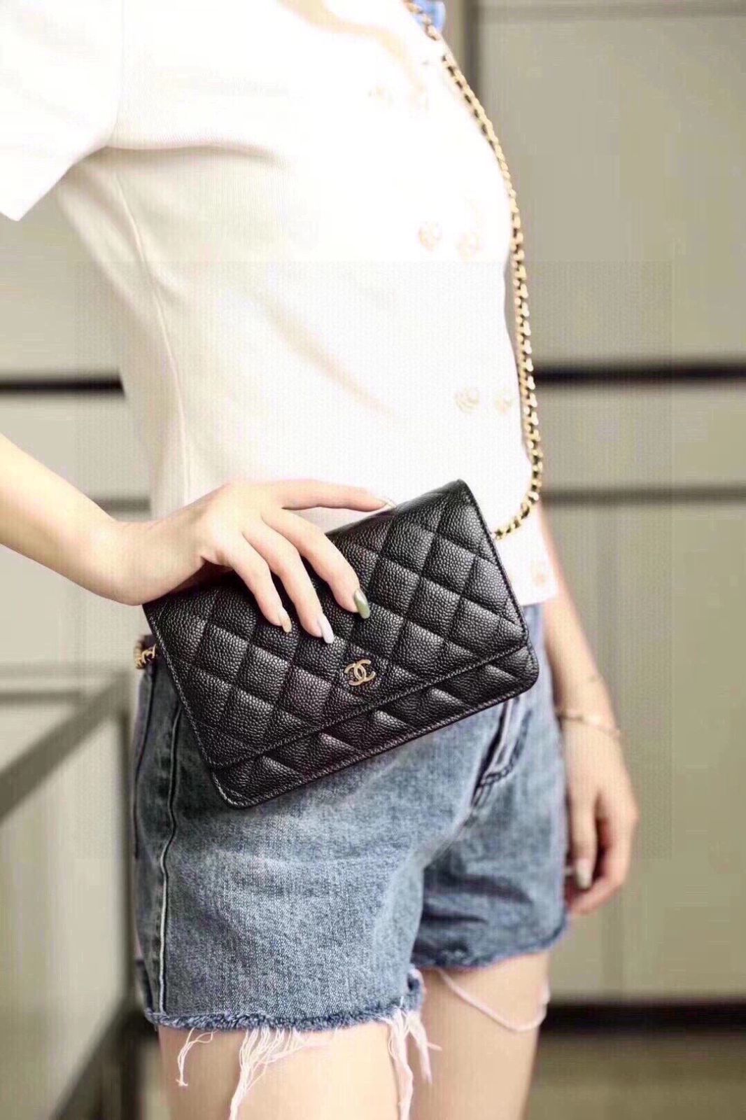 【今日特価】Chanel 香奈儿 黒色 キャビアレザー WOC 20x13cm クラシックな発財バッグ