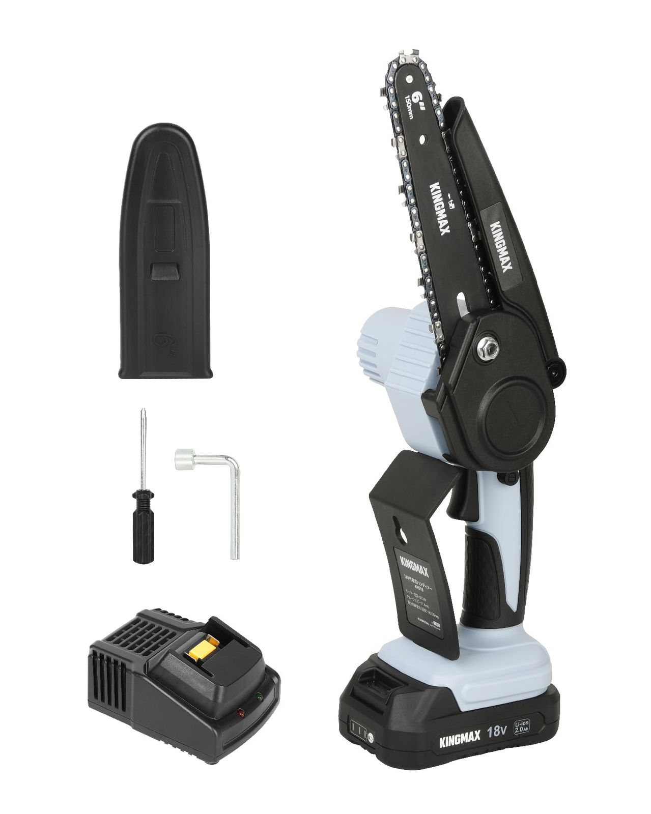☆新品☆KINGMAX ハンディチェーンソー マキタ 互換 工具 電動のこぎり 18v充電式 ミニ軽量コードレス 電動チェーンソー 日本国内 ガイドバー150mm 家庭用 伐採 剪定 木材切断 KHS18B (バッテリー・充電器付) fcad133f