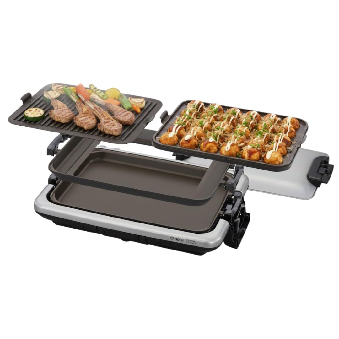 新品 タイガー魔法瓶(TIGER) ホットプレート3枚セット 平面 たこ焼き 焼肉 蓋付き シルバー CRV-N300 SN