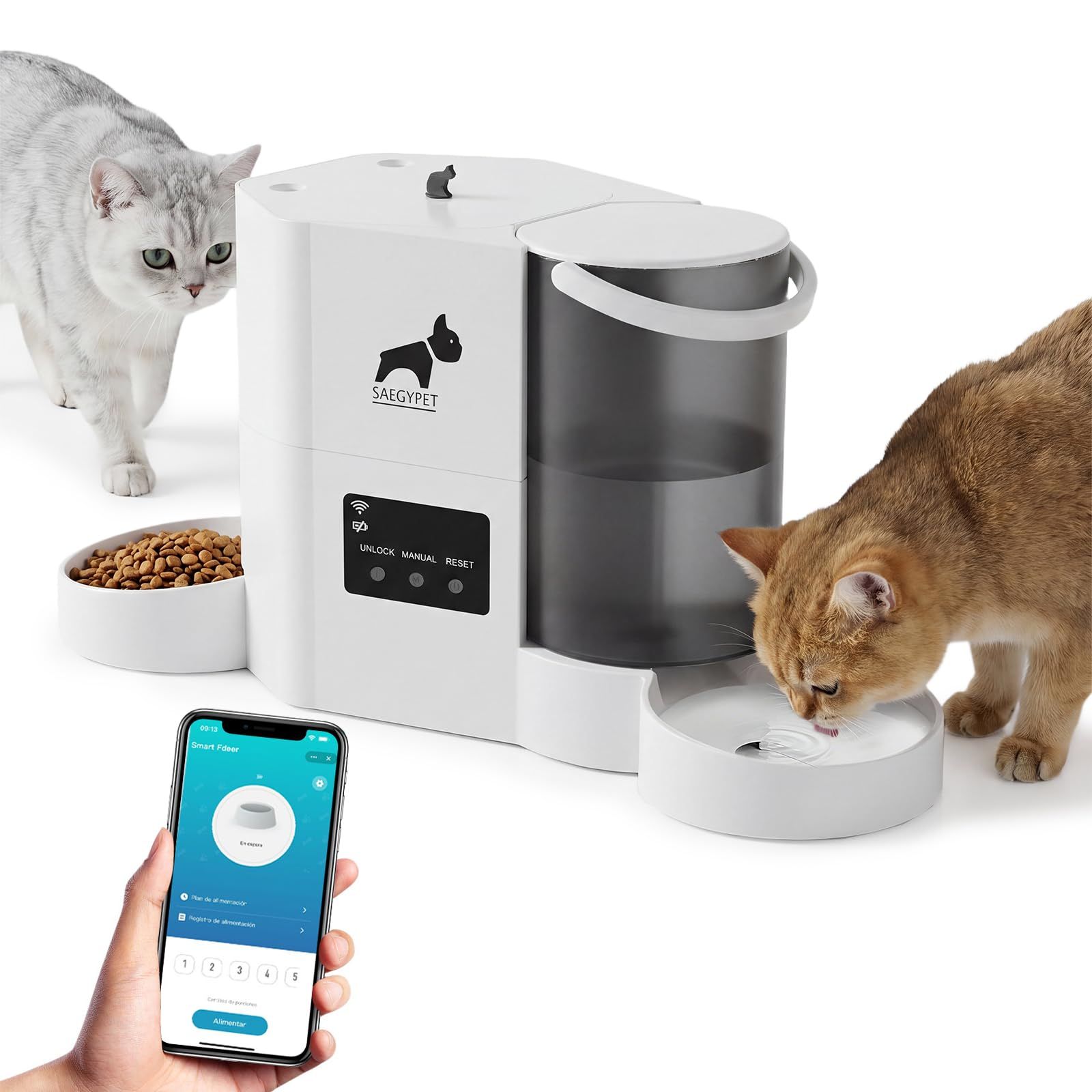 自動給餌器「SAEGYPET」2 in 1 自動給餌器3L大容量 給水器2L 猫 中小型犬用 1日10食 アプリ遠隔操作 定時定量 タイマー式 餌 2WAY給電 無制限置き場所 2.4GWi-Fi式 スマホ遠隔操作・操作簡単 お手入れ簡単 ホ 345ec072