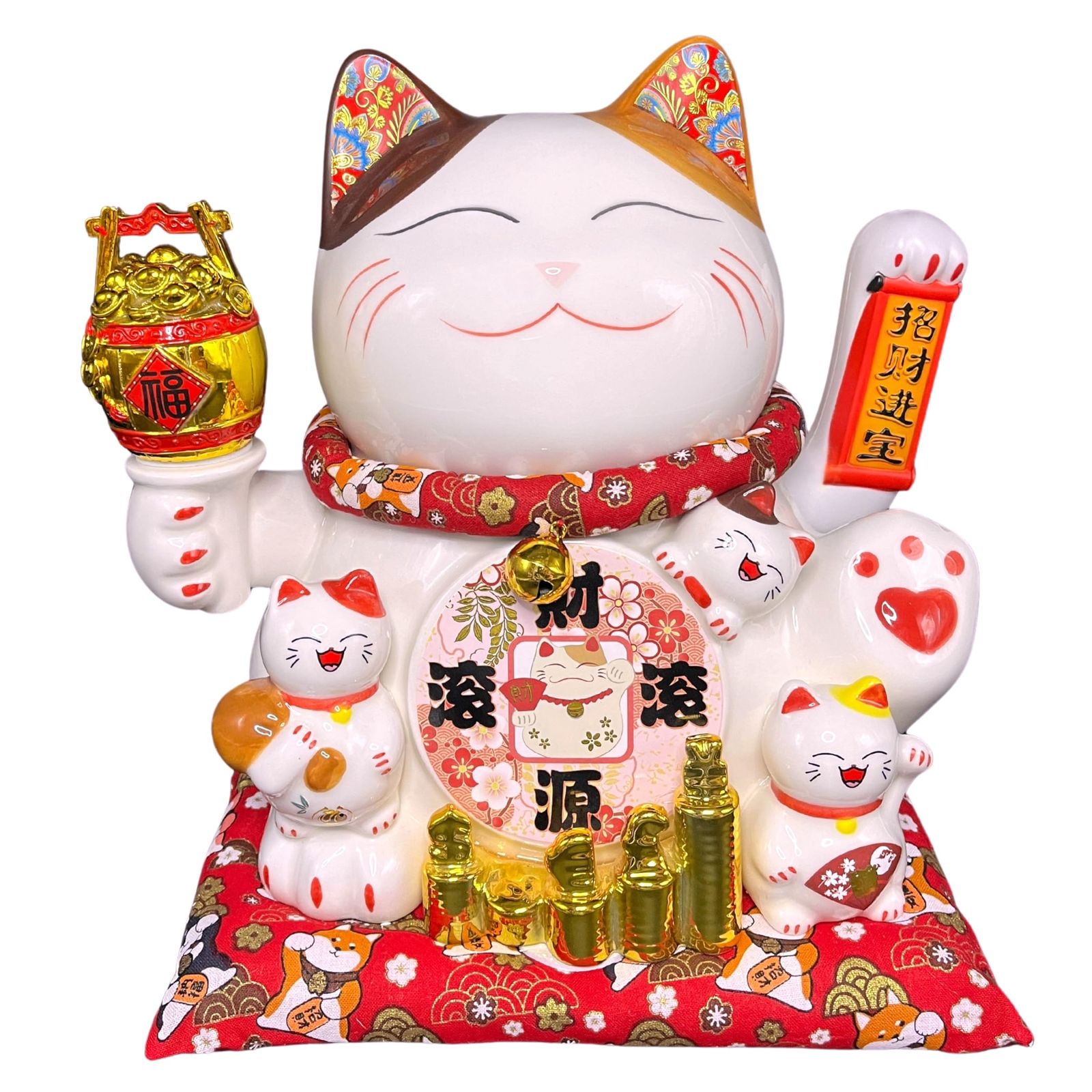 新品 YRO 大型 電動招き猫 手が動く 座布団 まねき猫 陶器製 乾電池 USB給電 幸運 商売繁盛 千客万来 開店祝い 贈り物 (タイプA)