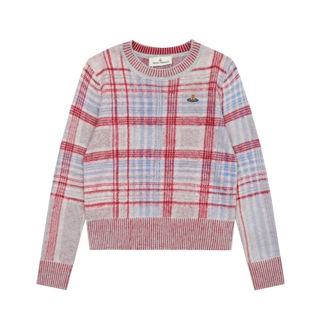【本日限定特価】Vivienne Westwood レディース ニットセーター 土星ロゴ ハート? チェック編み ウール混紡 S-L [本日特価|新品未使用品]