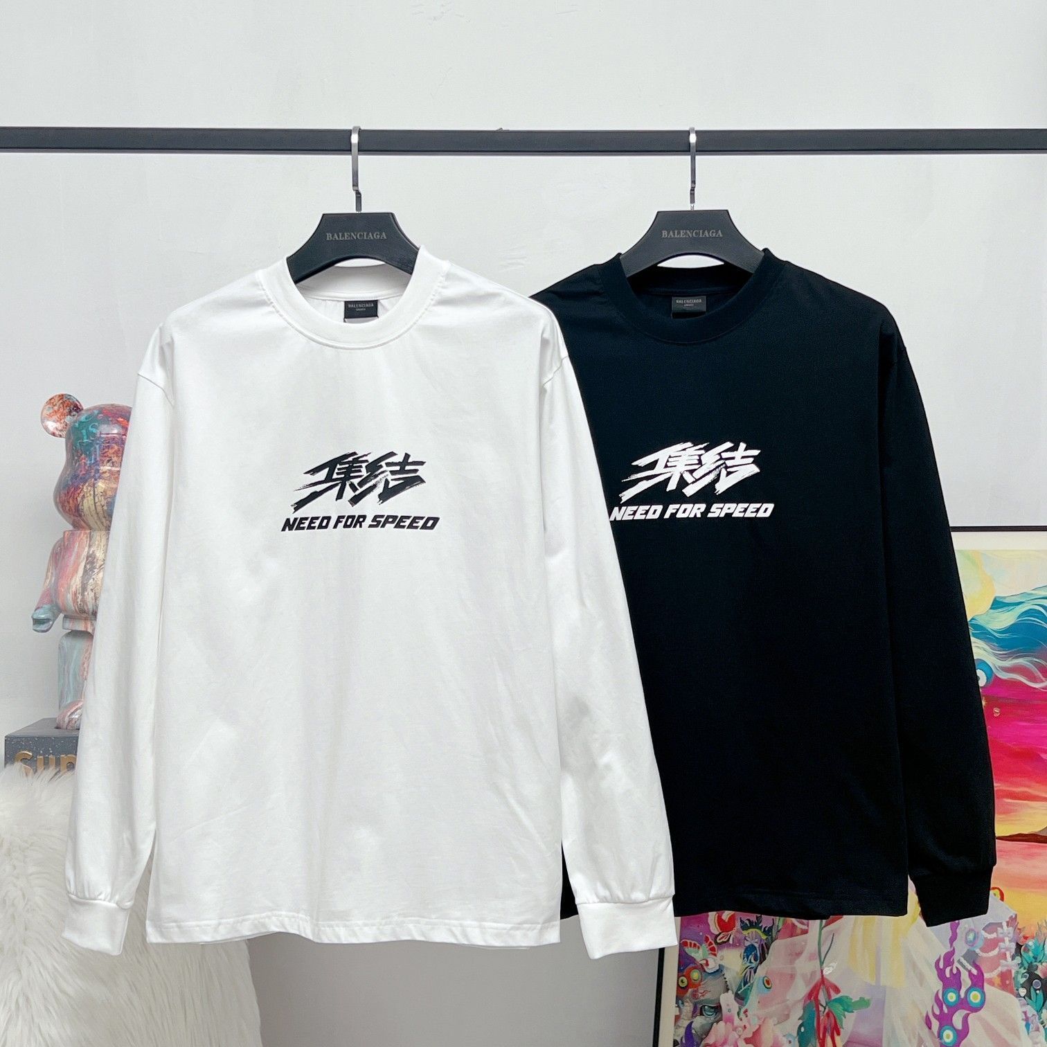 【本日限定特価】BALENCIAGA メンズ＆レディース ロングスリーブ Tシャツ 直噴プリント ホワイト/ブラック XS-L [本日特価|新品未使用品]-MM輸入1