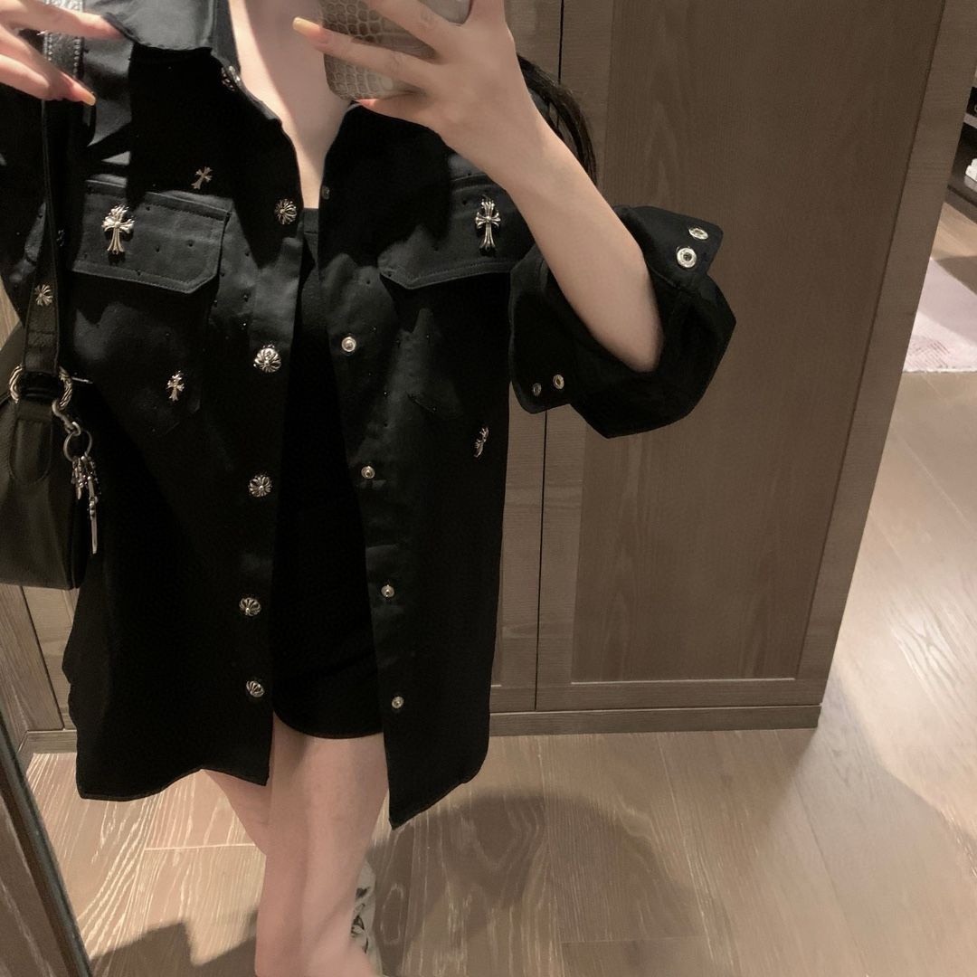 Chrome Hearts（クローム・ハーツ）クローハート CH 手縫い十字架 カスタマイズされた金具 ダブルポケット ドリル生地の開襟式長袖シャツ -WTO輸入1
