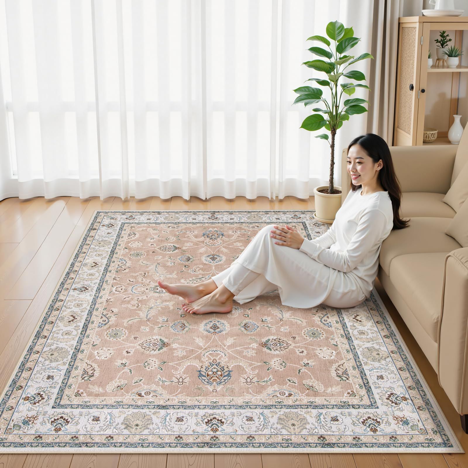 新着商品 HAOCOO カーペット 200х300cm 4畳 ペルシャ風 ラグ 洗える 滑り止め オールシーズン適用 花柄 防音 耐磨耗性 軽量 抗菌防臭 リビング ダイニング アンティーク ラグマット コーラルピンク