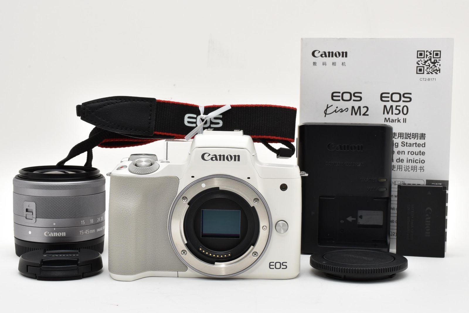 ★極上品★ キヤノン Canon KISS M2 ホワイト + EF-M 15-45 F3.5-6.3 IS STM 充電器付き ARYM6383 #55