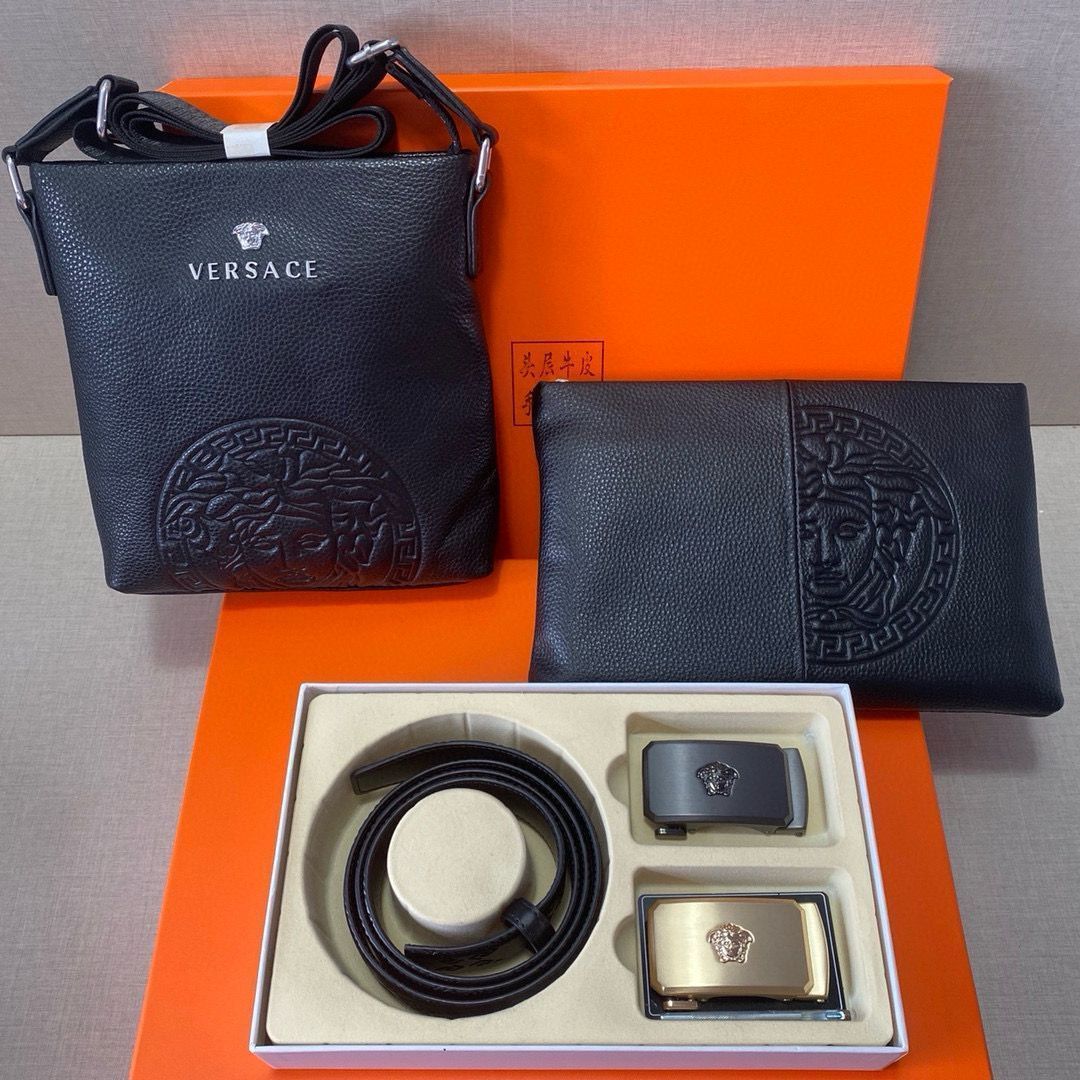 [本日特価] ヴェルサーチ Versace 高級レザー ベルト＆バッグ スーパーセット（ギフトボックス付き） [本日特価|新品未使用品]