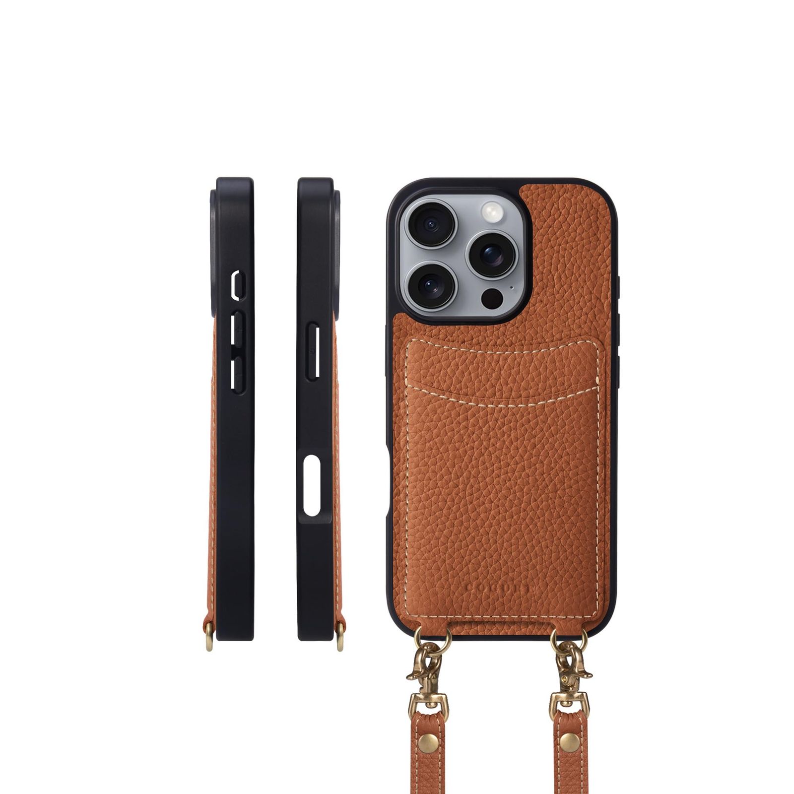 COGURE スマホケース iPhone16Pro用 ケース ショルダーストラップ 本革 カード収納 落下防止 耐衝撃 ギフトボックス付き COPGCS キャラメル【Caramel】