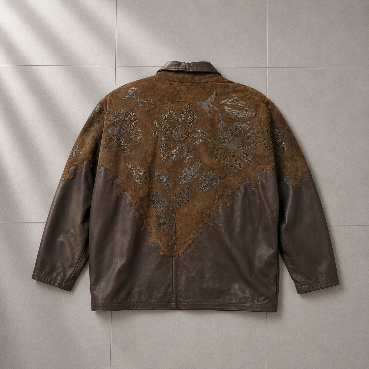 T-1506】ST L相当 本革 レザージャケット 花柄 刺繍 デザイン ブラウン