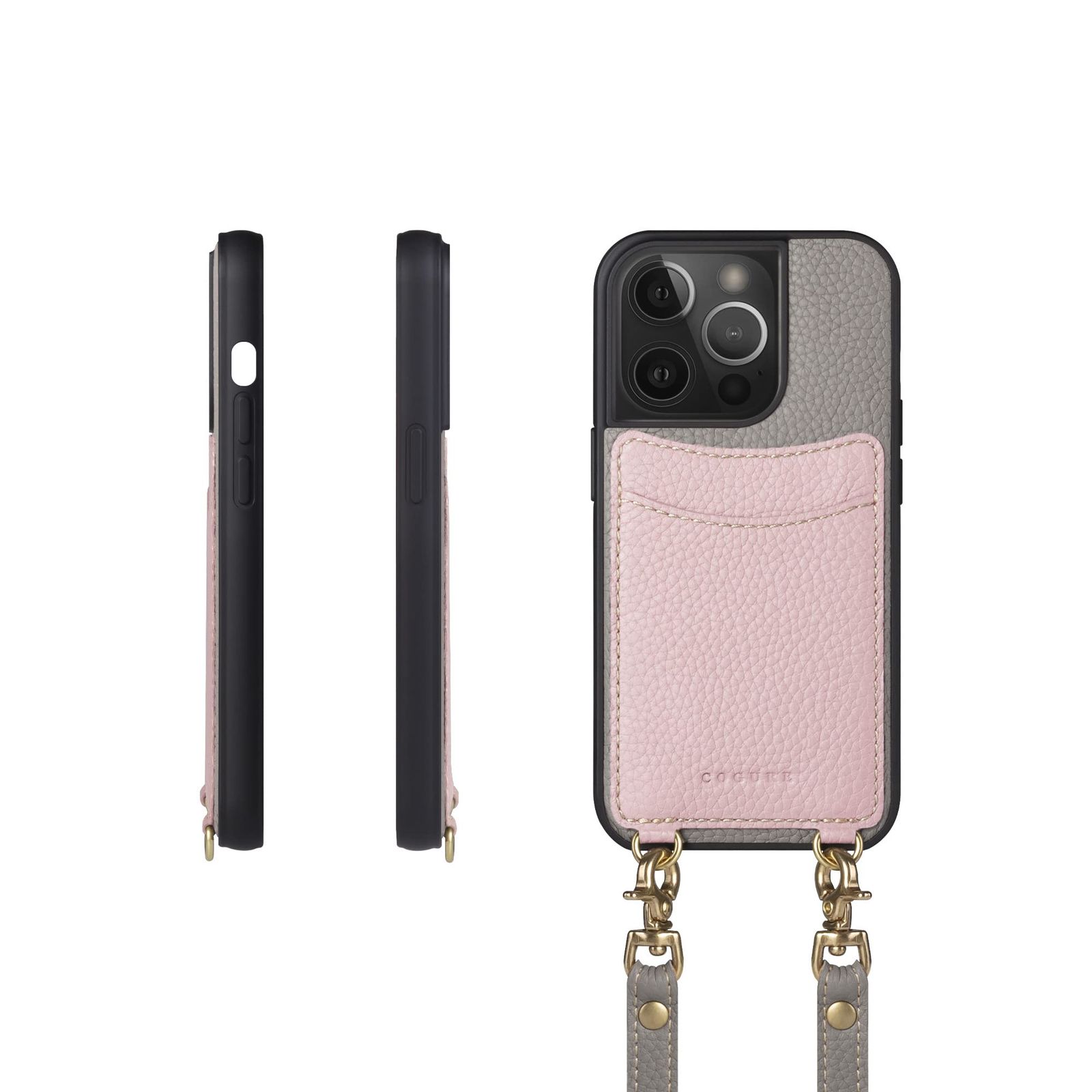 COGURE スマホケース iPhone15Pro用 ケース ショルダーストラップ 本革 カード収納 落下防止 耐衝撃 ギフトボックス付き COPGCS グレージュ+ピンク【Grege+PK】