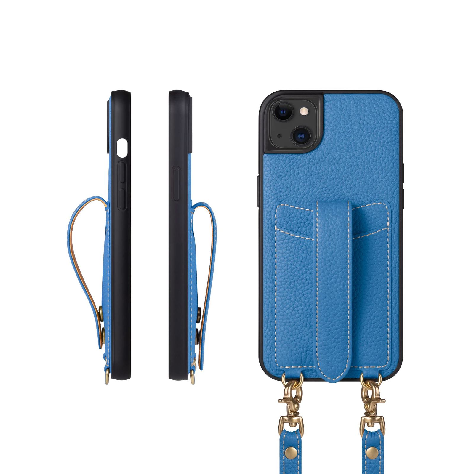 COGURE スマホケース iPhone15Plus用 ケース ショルダーストラップ 本革 カード収納 落下防止 耐衝撃 ギフトボックス付き COPGC シアン【Cyan】