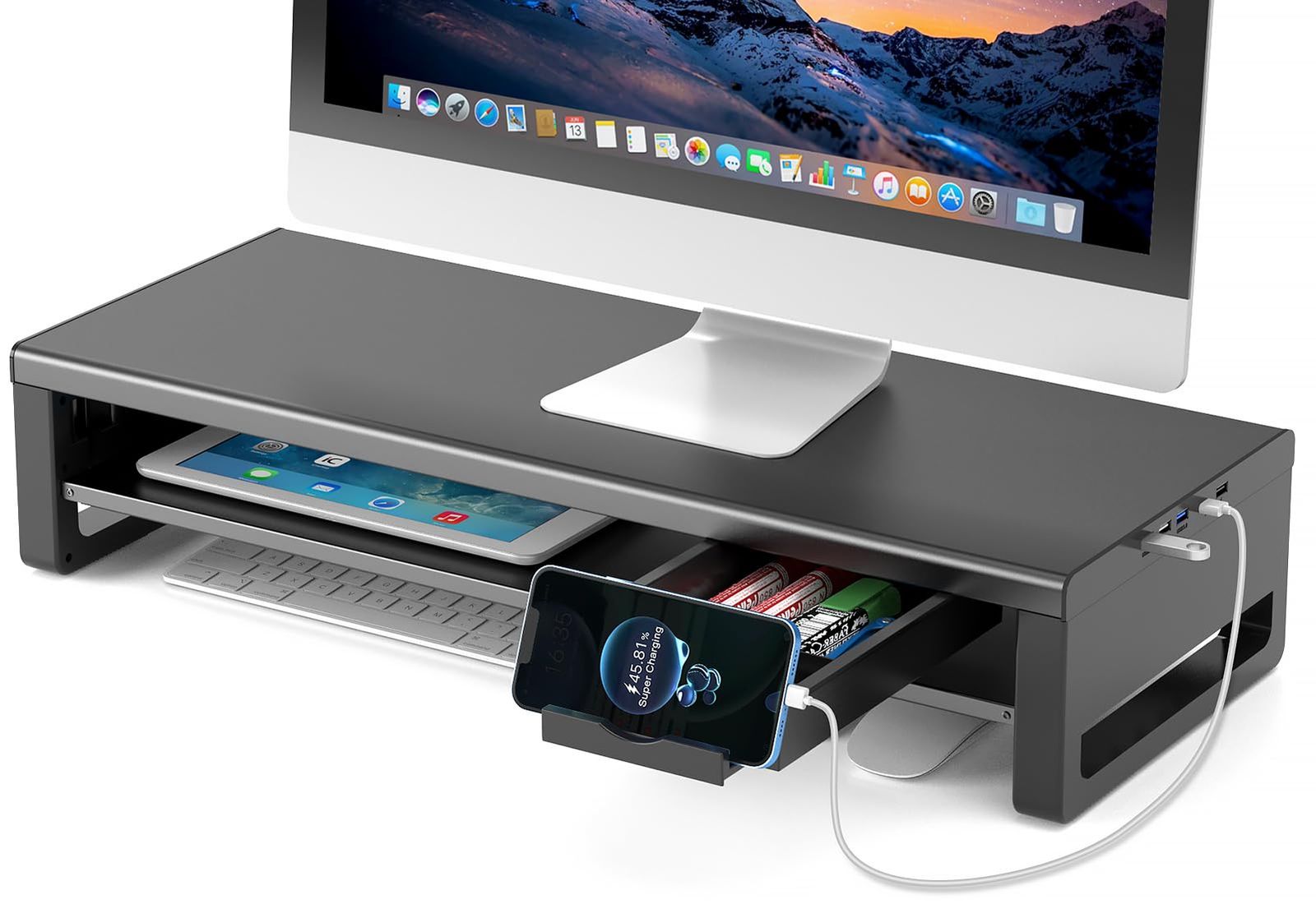 R◆EAYHM モニター台 USB2.0/3.0データ転送付き 机上台 USB/TYPE-C充電付き モニタースタンド 引き出しとスマホホルダー付き 二段式 パソコン 台 ノートパソコン/プリンター/iMac/タブレットパソコンに適用 耐荷重 be9e746e