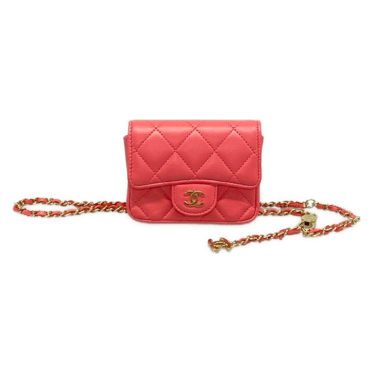 CHANEL(シャネル) ウエストポーチ美品 ミニミニマトラッセ ピンク チェーンショルダー/ゴールド金具 ラムスキン